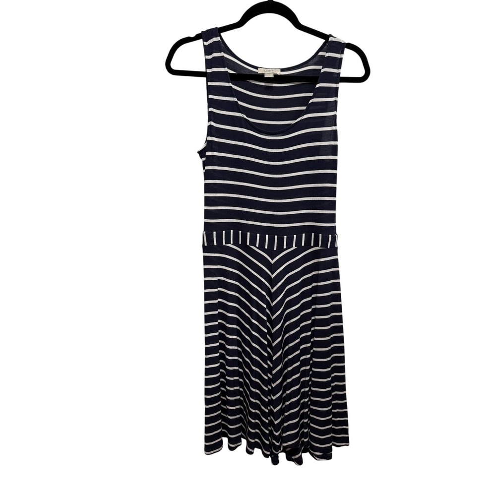 LOFT‎ Navy Blue White Striped Sleeveless Fit Flare Knit Dress Small Nautical